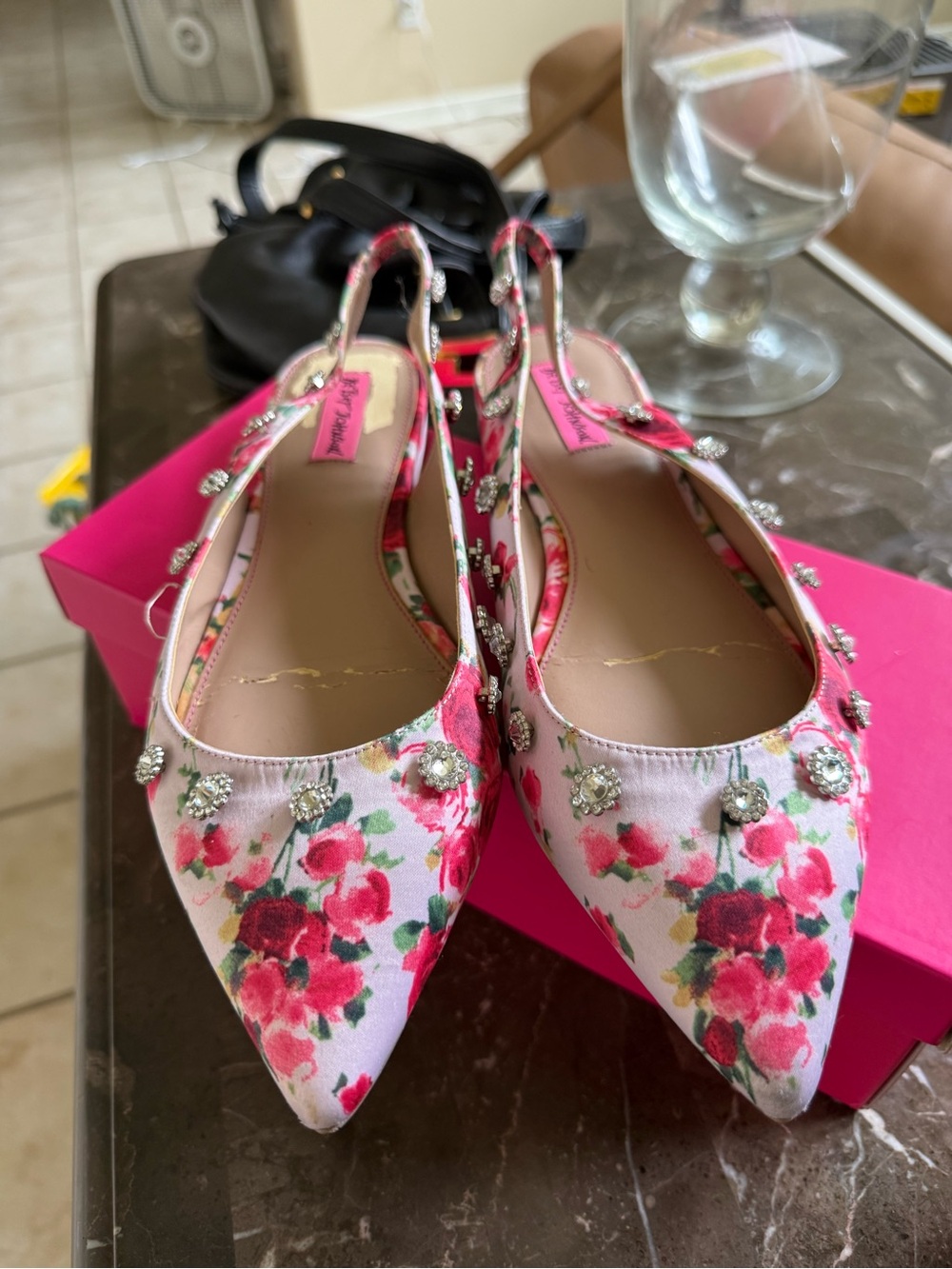 Betsey Johnson Pink Floral Jeweled Slingback Flats